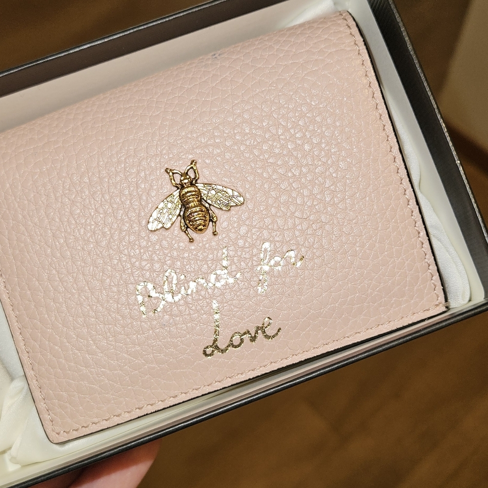 Gucci Pink Blind For Love Leather Wallet with Gold Bee Detail